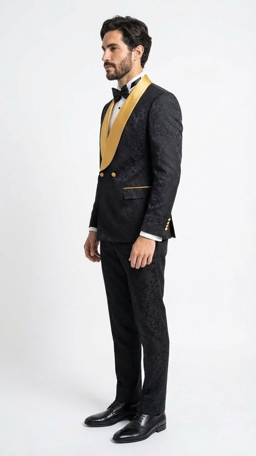 Mens Black and Gold Jacquard Tuxedo Suit Luxury Slim Fit Formal Wedding, Prom, and Gala Outfit