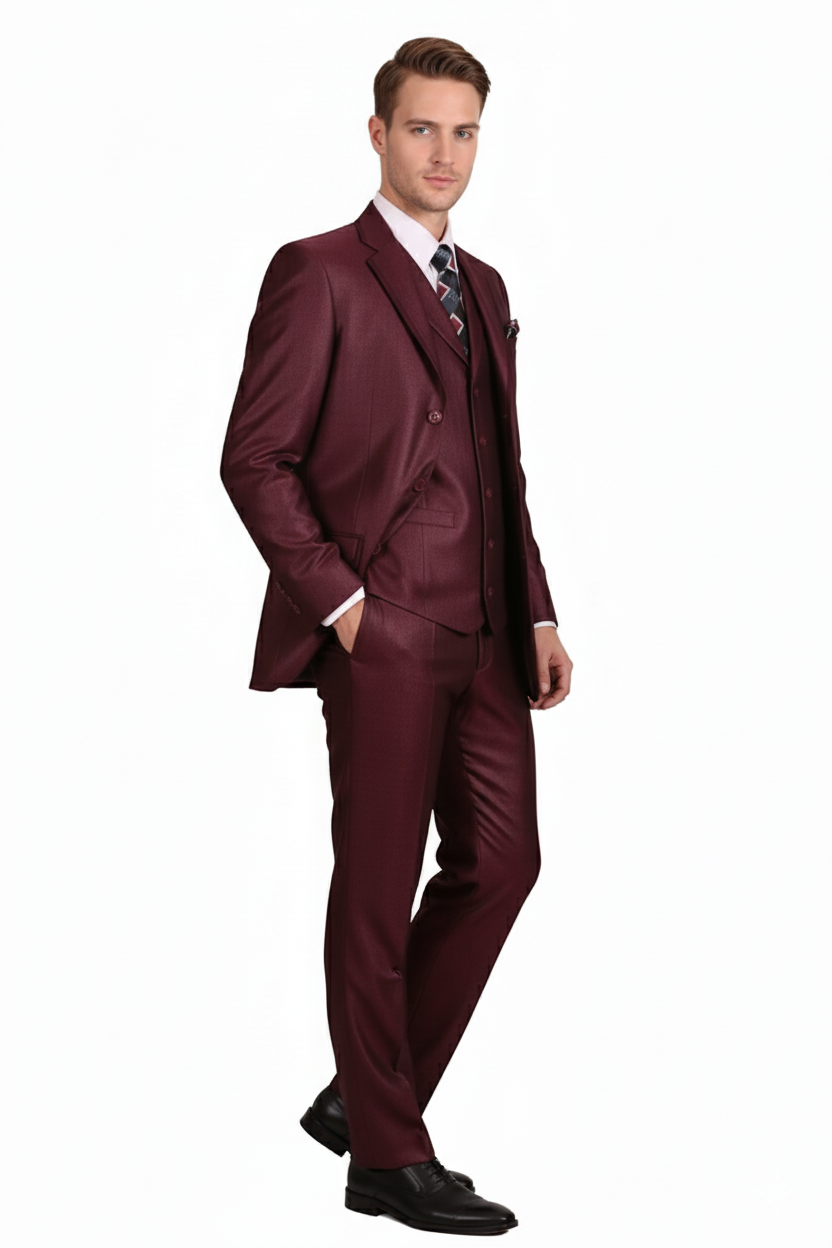 Men’s Burgundy 3-Piece Suit – Burgundy Three Buttons Vested Suit - Pleated Pants Classic Fit Athletic Cut - 38 Regular