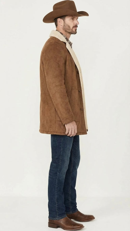 Mens Brown Western Faux Suede Blazer Coat Cowboy Style Long Jacket for Wedding, Party and Special Events