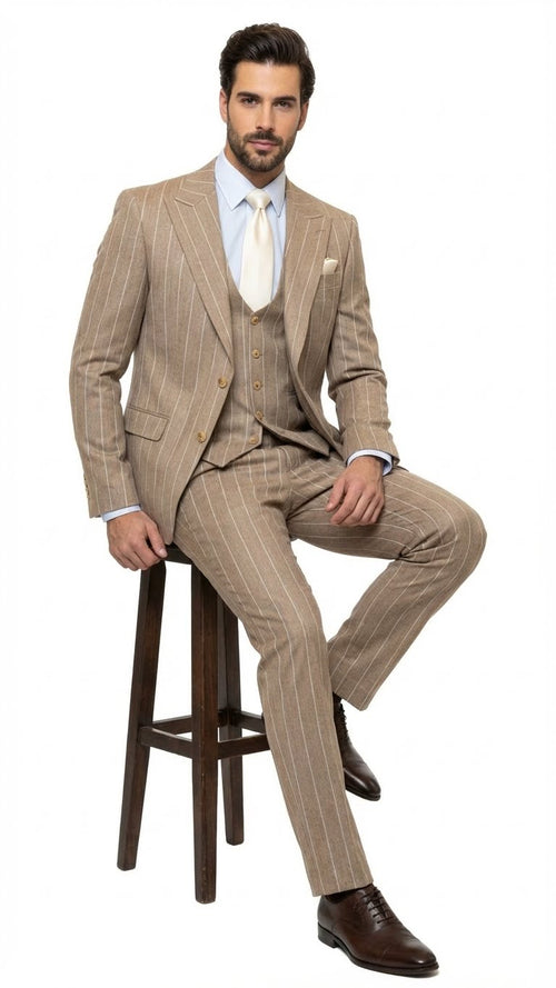 Men's Beige Pinstripe Three-Piece Vested Suit Tailored Fit Business Attire in Tan Stripe by Rossiman