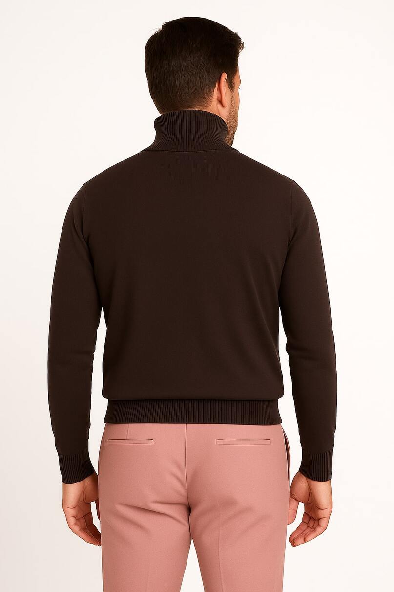 Men's Brown Turtleneck Sweater – Classic Slim Fit Knit Pullover for Fall and Winter - S
