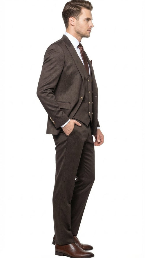 Mens Chocolate Brown Textured 3-Piece Suit Luxury Double-Breasted Vest Formal Set