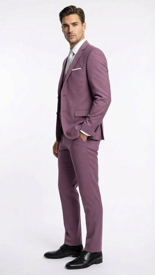 Mens Mauve Three-Piece Suit - Slim Fit Formal Blazer, Vest, and Trousers for Weddings Rose Gold Pinkish Color