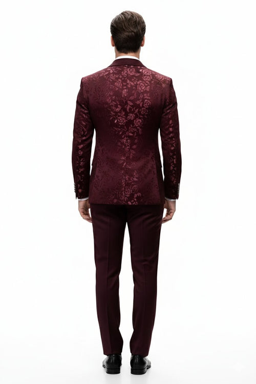 Mens Burgundy Floral Jacquard Tuxedo Dinner Jacket Paisley Velvet Lapel Formal Wear for Weddings and Prom