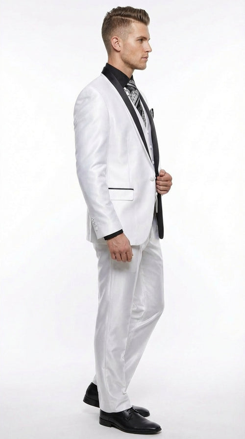 Mens White Shiny Flashy Fabric Tuxedo Suit with Black Shawl Lapel | Luxury Formal Wedding and Evening Suit Sharkskin Metallic Fabric