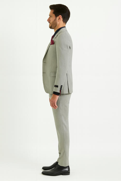 Mens 3-Piece Light Grey Pinstripe Suit with Vest Classic Business, Wedding, and Formal Attire