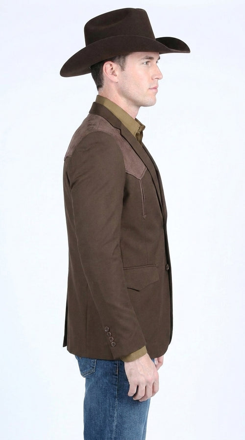 Men’s Dark Brown Western Blazer with Suede Yoke – Cowboy Sport Coat with Western Shoulder Details