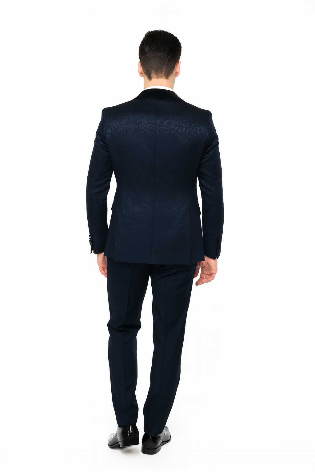 Men’s Navy Blue Jacquard Tuxedo with Black Velvet Shawl Lapel – 3 Piece Formal Suit with Bow Tie - S