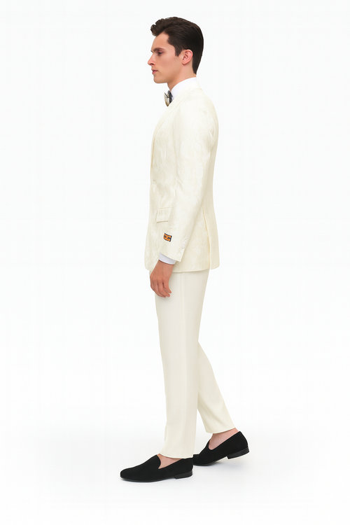 Mens Ivory Floral Embroidered Tuxedo Jacket Elegant Wedding and Party Blazer in Cream Color With Ivory Pants