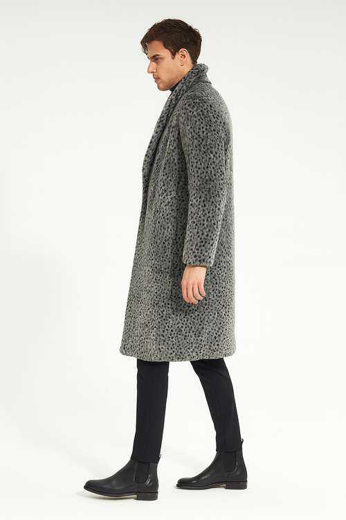 Mens Luxury Long Grey Faux Fur Coat -Winter Overcoat with Animal Print Design