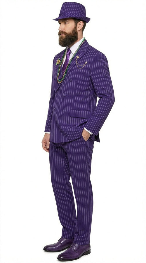 Mens Purple Pinstripe Mardi Gras Suit | Classic Double Breasted Formal Carnival Suit