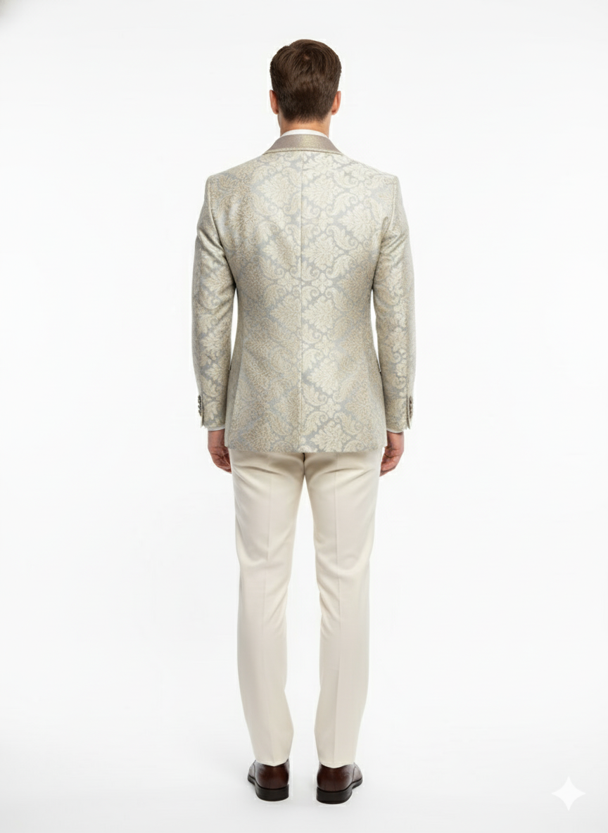 Men’s Champaign Silver and Cream Embroidered Luxury Blazer – Floral Pattern Wedding & Party Dinner Jacket in Light Tan Color - 36 Short