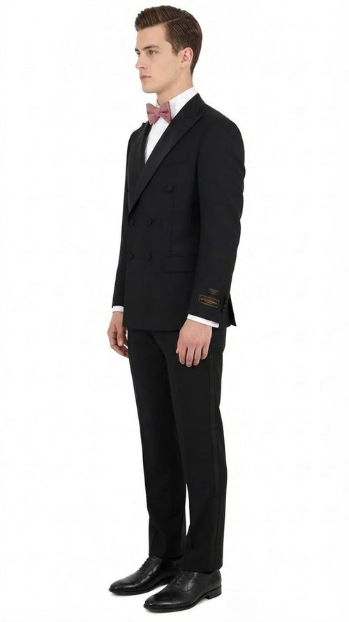 Tiglio Brand 100% Wool Super 150s Italian fabric Mens Classic Black Double-Breasted Tuxedo with Satin Peak Lapel Formal Wedding & Gala Suit Set