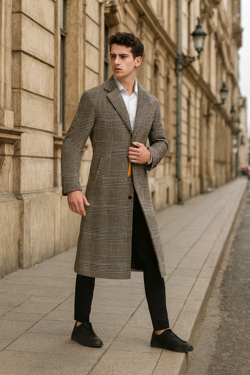 Mens Full length Long Plaid Overcoat – Classic Checkered Wool Blend Winter Coat in Gray Color Checkered