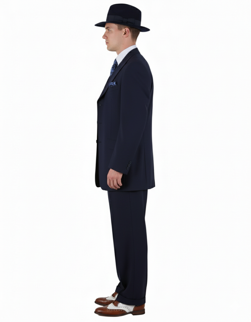 Mens 1920s Navy Blue Zoot Suit Classic Gangster 3-Piece Long - Pleated Pants