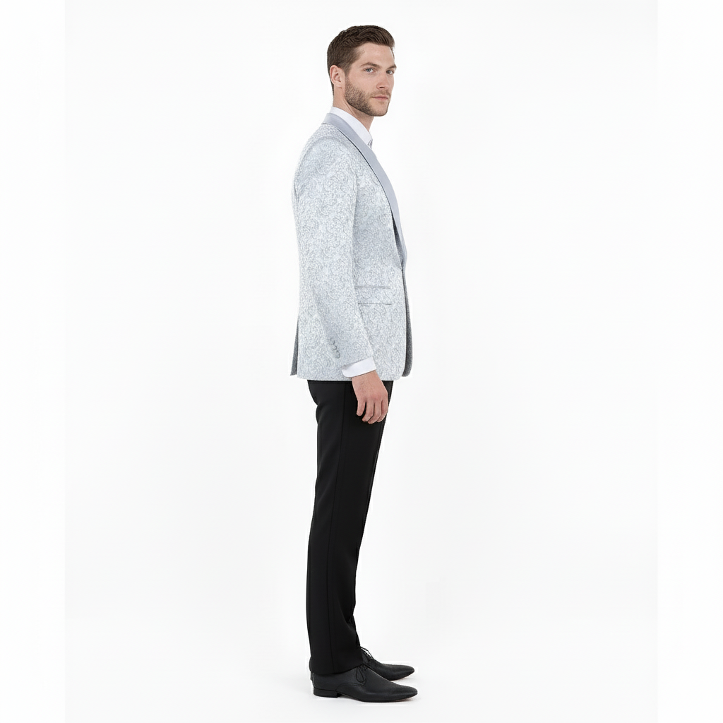 Big and Tall Men’s Silver Gray Paisley Tuxedo Jacket – Satin Shawl Lapel Blazer for Weddings, Proms, and Formal Events - 36 Short