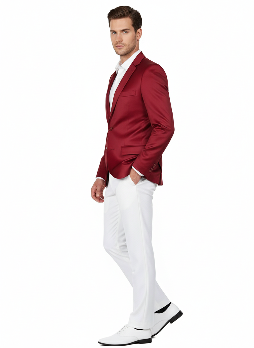 Premium Men's Burgundy Satin Slim Fit Blazer – Elegant Party & Wedding Suit Jacket in Maroon Wine Color - 36 Short