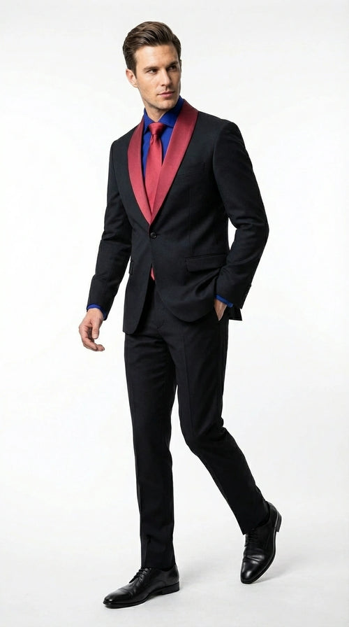 Men’s Black Suit with Burgundy Shawl Lapel – Formal Tuxedo Suit for Wedding, Prom and Evening Events + Bowtie & Tie