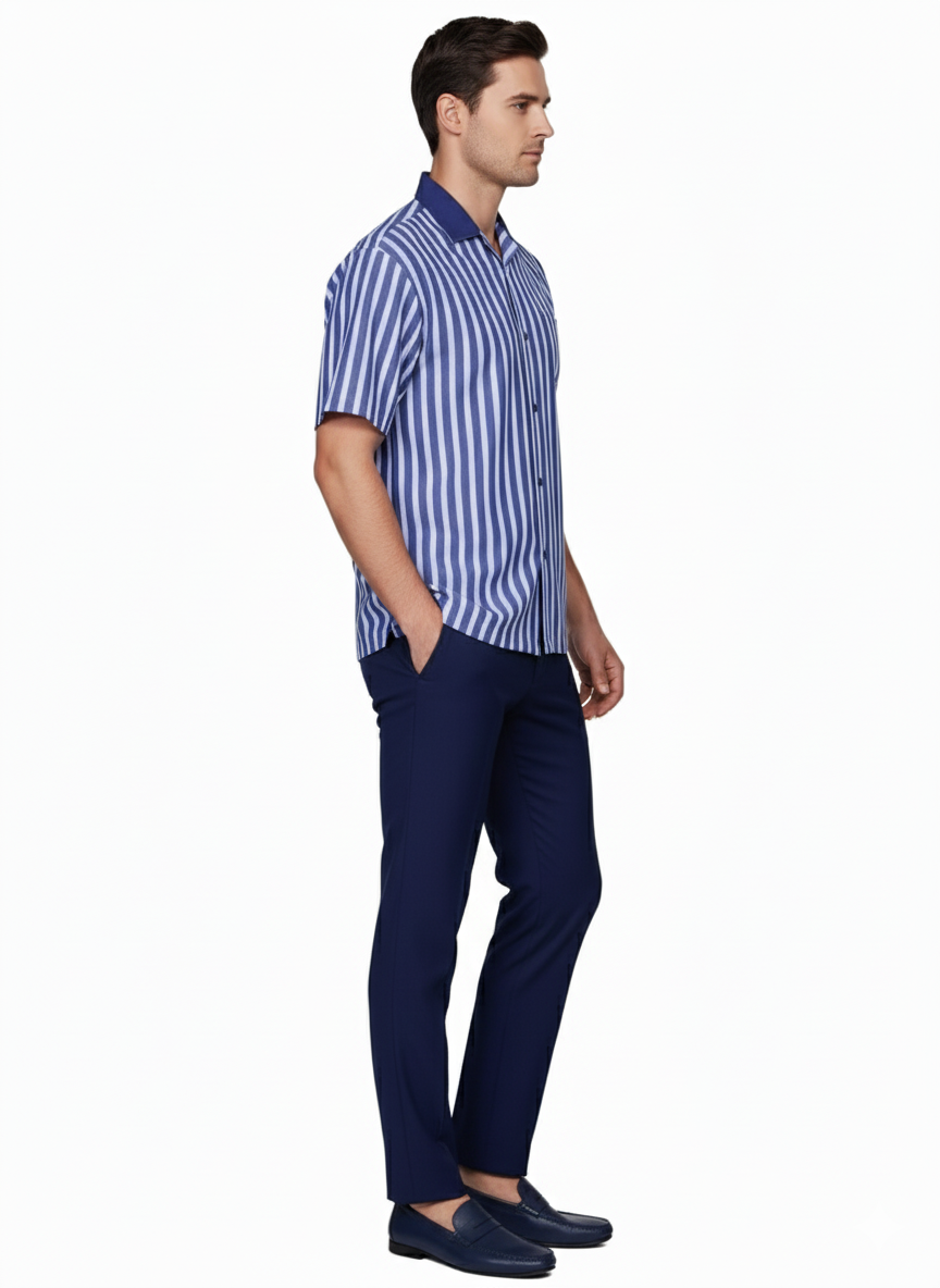 Men’s Blue and White Vertical Stripe Short Sleeve Shirt Set – Casual Summer Two-Piece Outfit - S
