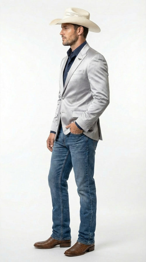 Mens Shiny Silver Cowboy Blazer Western Style Satin Finish Blazer for Party, Country Events and Evening Wear