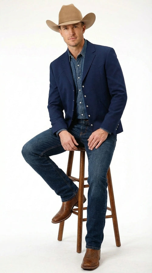 Mens Navy Blue Western Blazer Set Cowboy Style Jacket and Pants Outfit Classic Country Western Ensemble