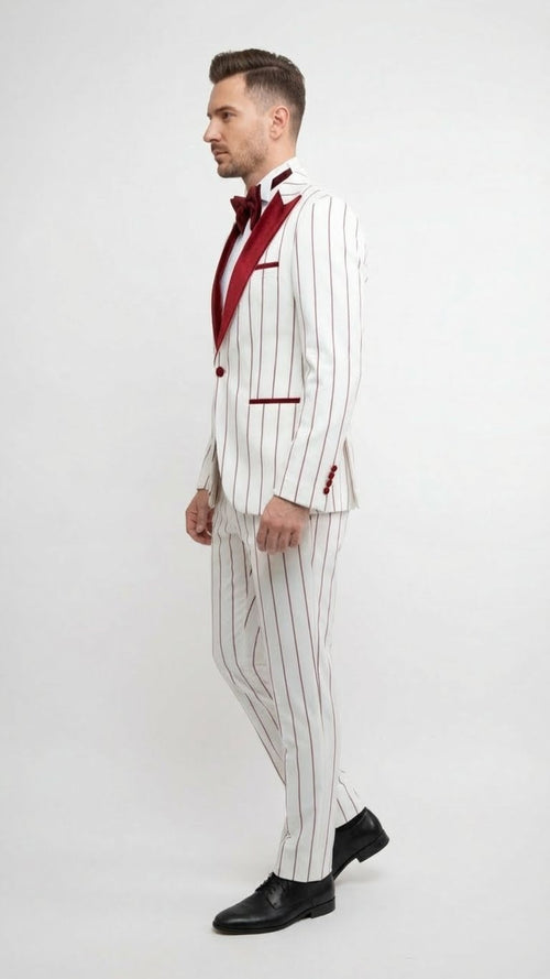 Mens White and Dark Red Pinstripe Tuxedo with Velvet Shawl Lapel Formal Dinner Blazer Prom Christmas New Year Holiday Suit