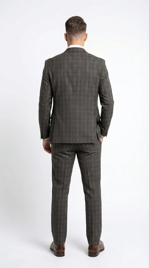 Vitali Men’s Brown Grey with blue Check 3 Piece Suit – Classic Plaid Formal Suit Set with Blazer, Vest & Trousers, Business Wedding Party Wear for Men Modern Fit
