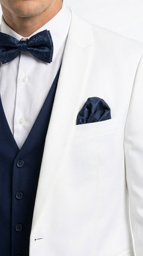 Men’s White and Navy blue tuxedo 3 Piece Suit – Classic White Blazer with Navy Vest and Pants for Wedding, Party + Bowtie