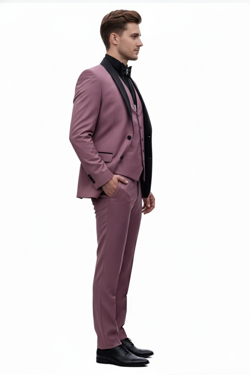 Men's Rose Pink Tuxedo Suit Luxury Three-Piece Formal Wear with Black Satin Lapel Dusty Mauve Color