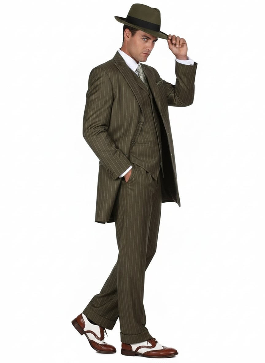 Mens Olive Green Pinstripe Zoot Suit – 1920s Gangster Vintage 3-Piece Suit for Formal and Themed Events - 34 Short or Extra Small