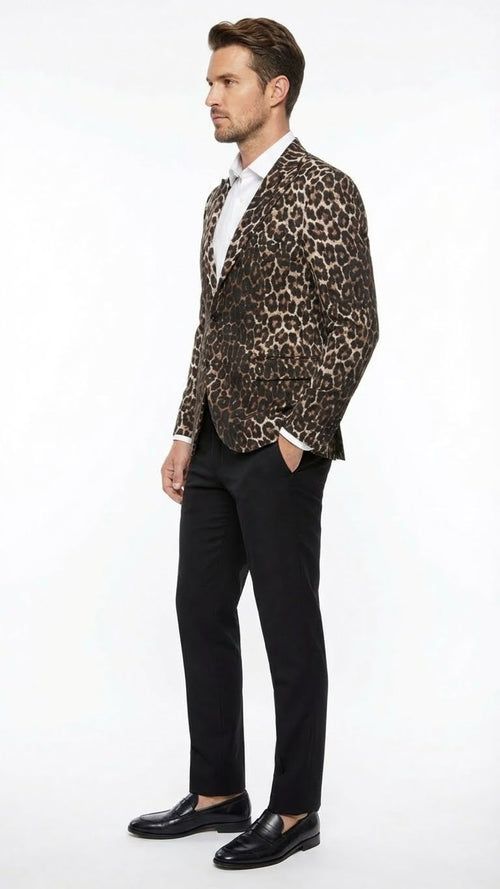 Mens Leopard Print Blazer Slim Fit Statement Jacket for Evening, Party, and Fashion Wear