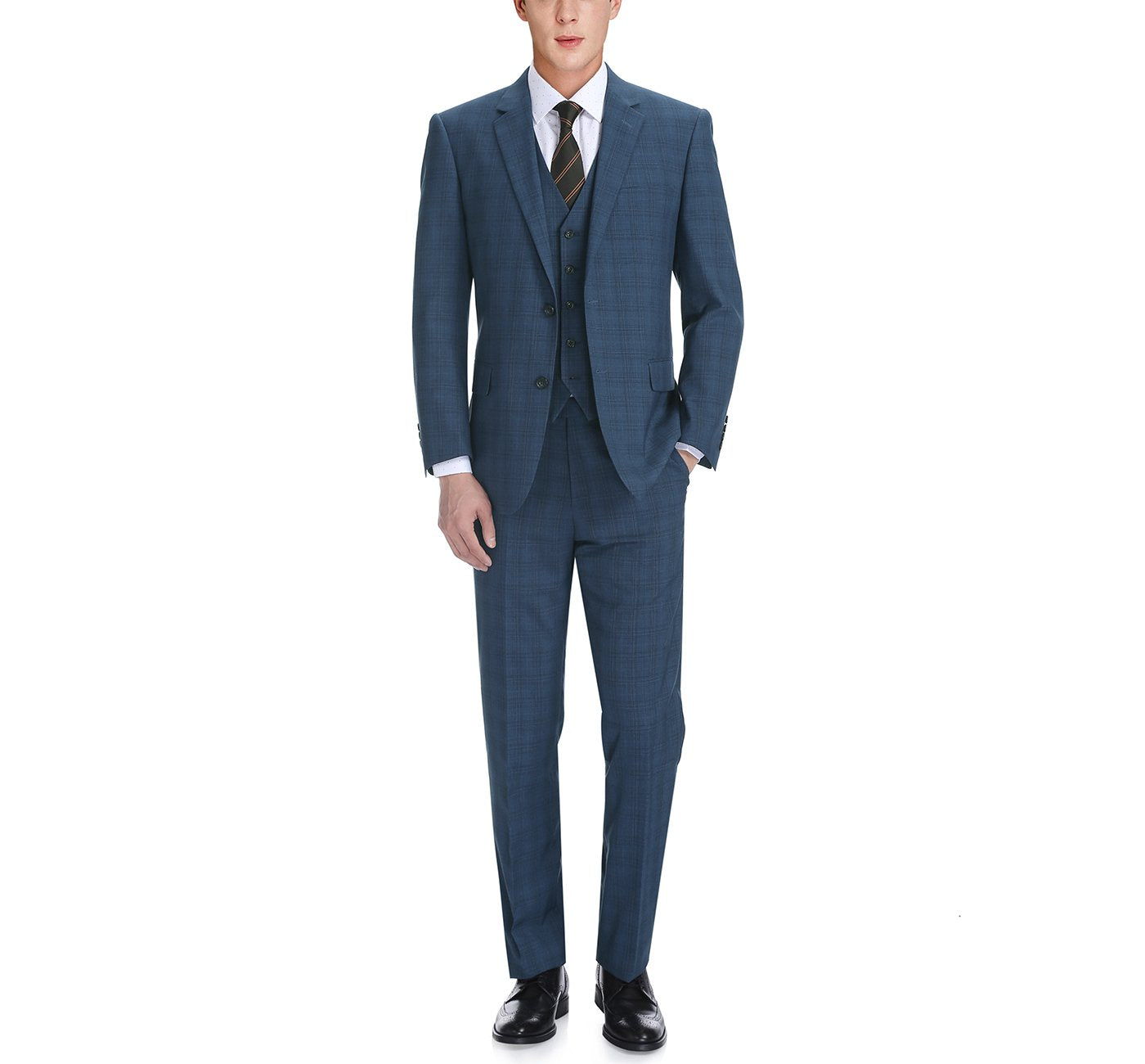 278-2 Men's 3-Piece Classic Fit Single Breasted Windowpane Suit - 34Sx28W