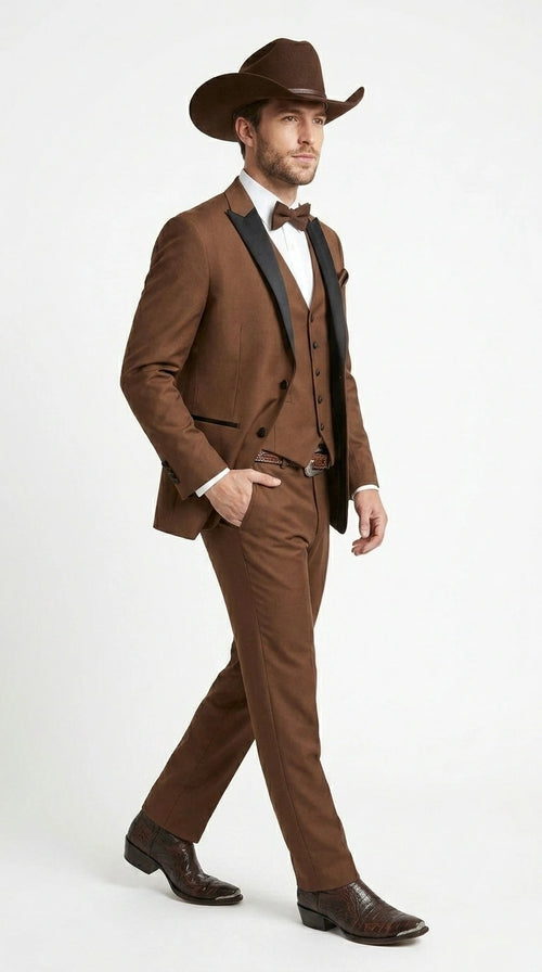 Men’s Light Brown Western Tuxedo 3 Piece Suit with Black Collar Lapel, Country Look Cowboy Suit