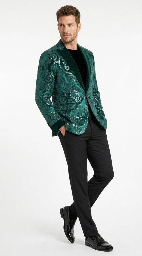 Men’s Emerald Green Paisley Tuxedo Dinner Jacket with Black Lapel, Formal Prom Wedding Party Blazer
