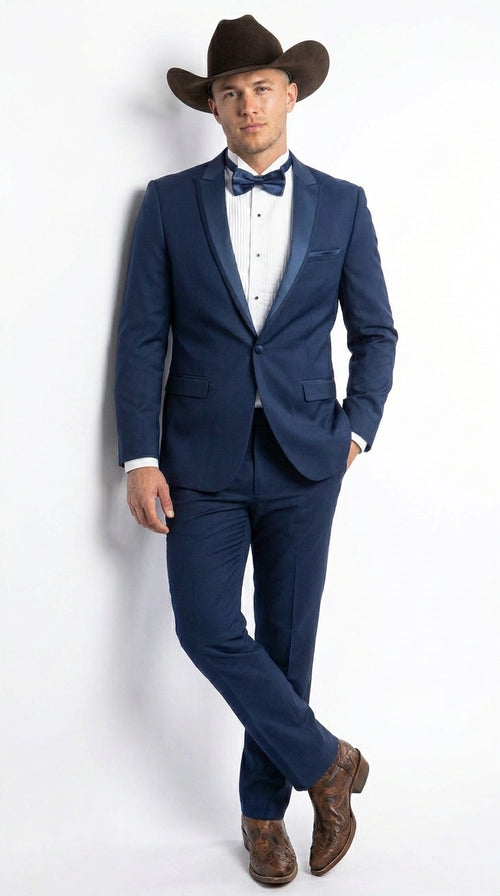 Men’s Saphire Indigo Blue Western Tuxedo Suit, Formal Wedding Prom Cowboy Tuxedo with Blue