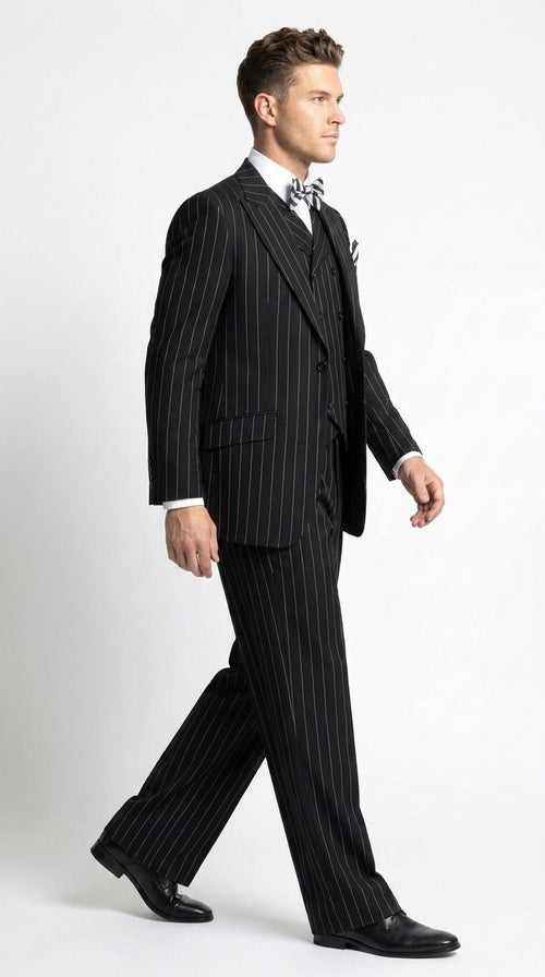 Men’s Black Pinstripe 3-Piece Suit Wool Suit – Classic Fit Single Button Suit with Wide Leg Pleated Pants By Tiglio Russo