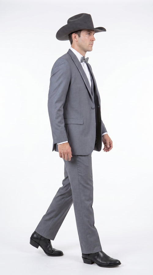Men's Medium Grey Western 3-Piece Tuxedo Suit with Vest – Cowboy Style Formal Country Outfit