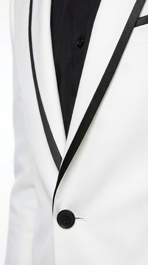 Men’s White Disco Blazer 70s Era Costume Jacket – Black Trim Retro Party Blazer, Vintage Dance Outfit, Stylish Evening Themed Wear