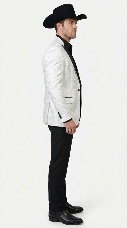 Mens White Paisley Cowboy Tuxedo with Black Satin Lapel – Western Formal Wedding Suit Jacket