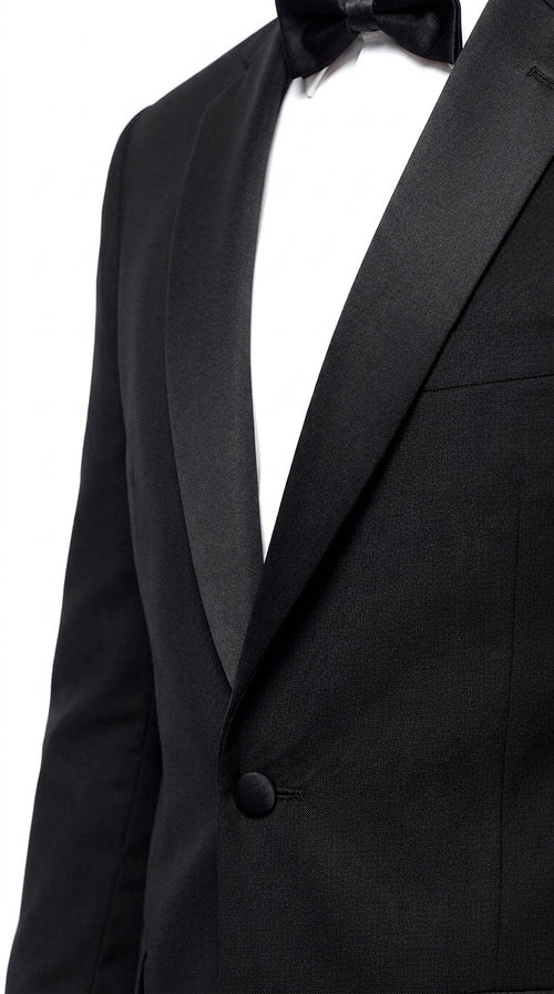 Men’s Black Uniform Tuxedo – One-Button Satin Lapel Formal Suit for Weddings, Prom and Events