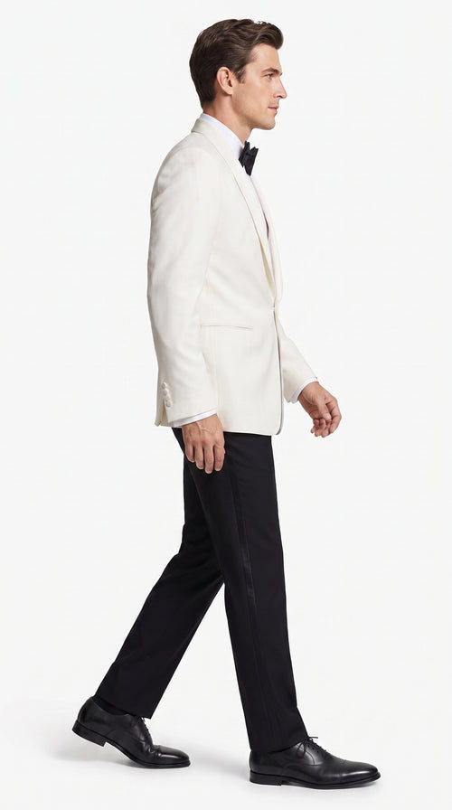 Men’s Vintage Hollywood Ivory Tuxedo – Black Shawl Lapel Wedding, Prom and Formal Dinner Jacket with Black Pants