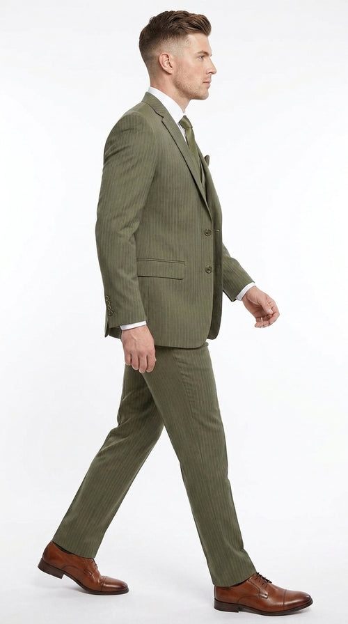 Men’s Olive Green Tone-on-Tone Shadow Pinstripe 3 Piece Suit – Modern Formal Suit with Vest Shadow Stripe