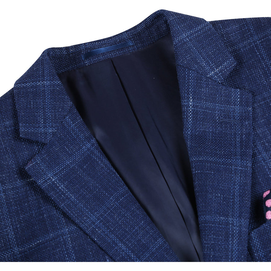 "Classic Fit Wool Blazer - Men's Two Button Navy Blue Windowpane Plaid Sport Coat"