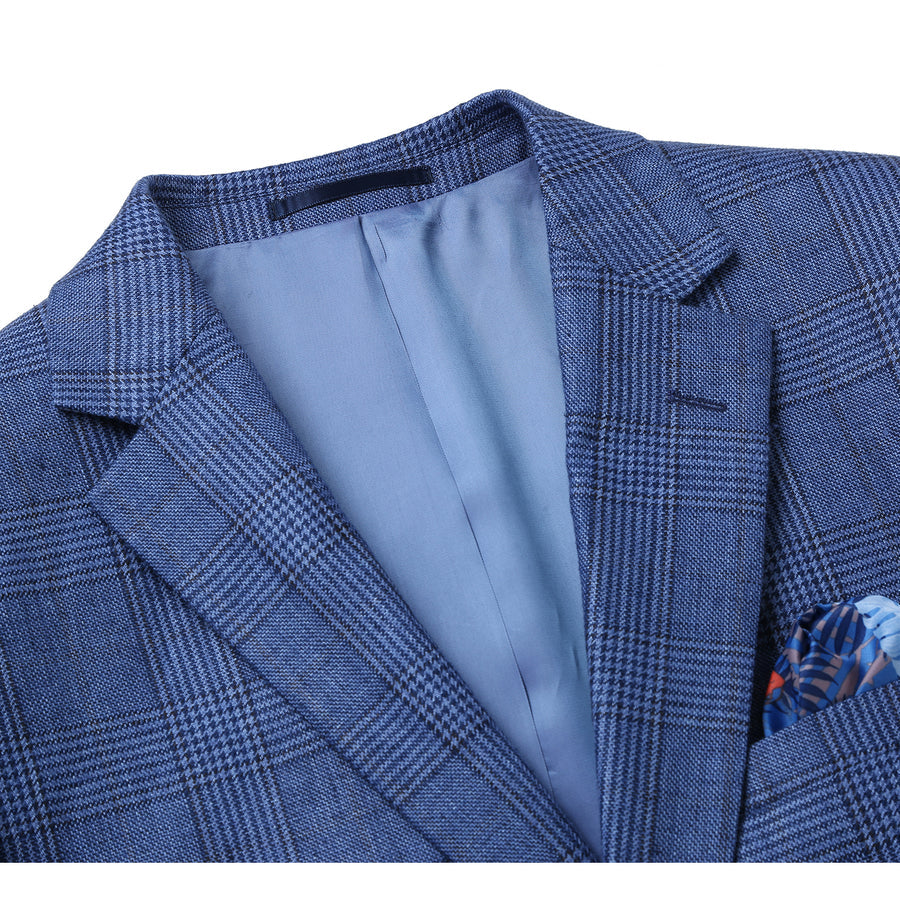 "Men's Navy Blue Slim Fit Linen Blazer - Two Button, Summer Windowpane Plaid" - 36 Short