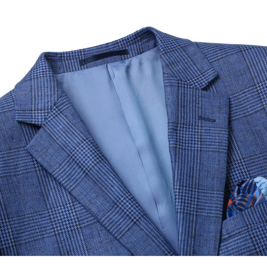 "Men's Navy Blue Slim Fit Linen Blazer - Two Button, Summer Windowpane Plaid"