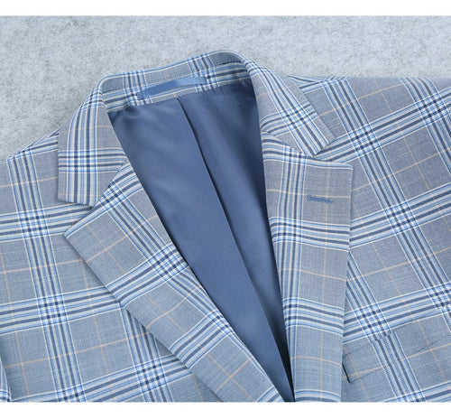 "Sky Blue Windowpane Plaid Men's Slim Fit Two-Button Suit"