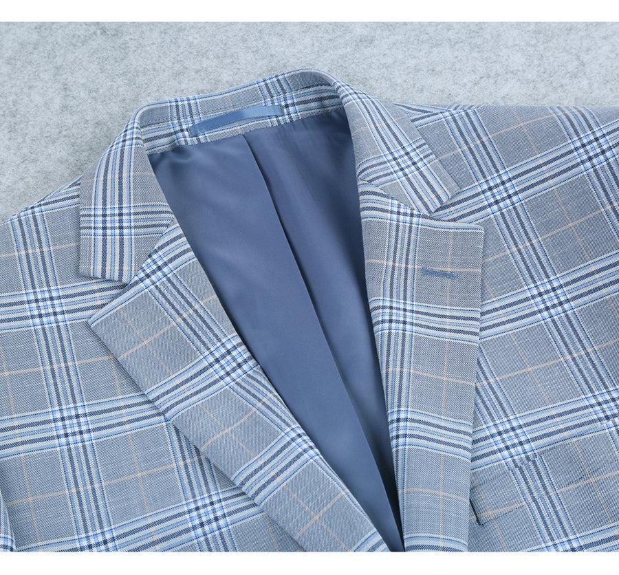 "Sky Blue Windowpane Plaid Men's Slim Fit Two-Button Suit"