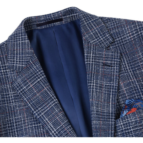 "Blue Windowpane Plaid Men's Slim Fit Wool & Linen Sport Coat Blazer"