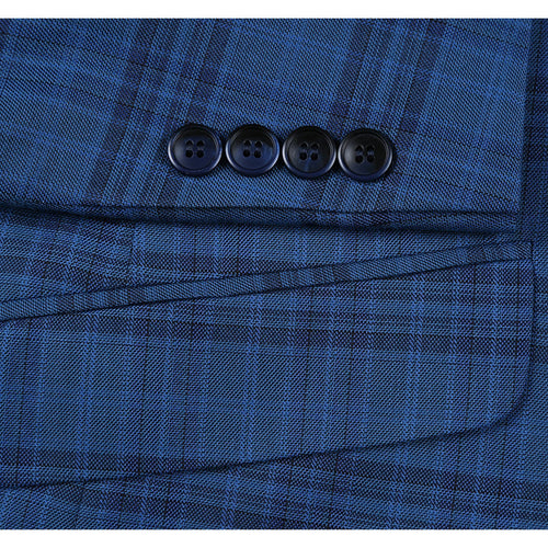 "Indigo Blue Windowpane Plaid Slim Fit Blazer - Men's Two-Button Sport Coat"