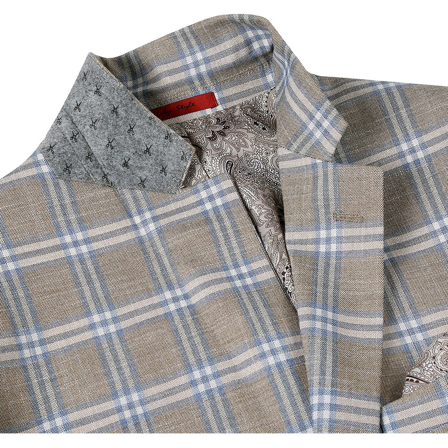 "Classic Fit Two Button Men's Sport Coat Blazer - Grey Tan Windowpane Plaid" - 34 Short
